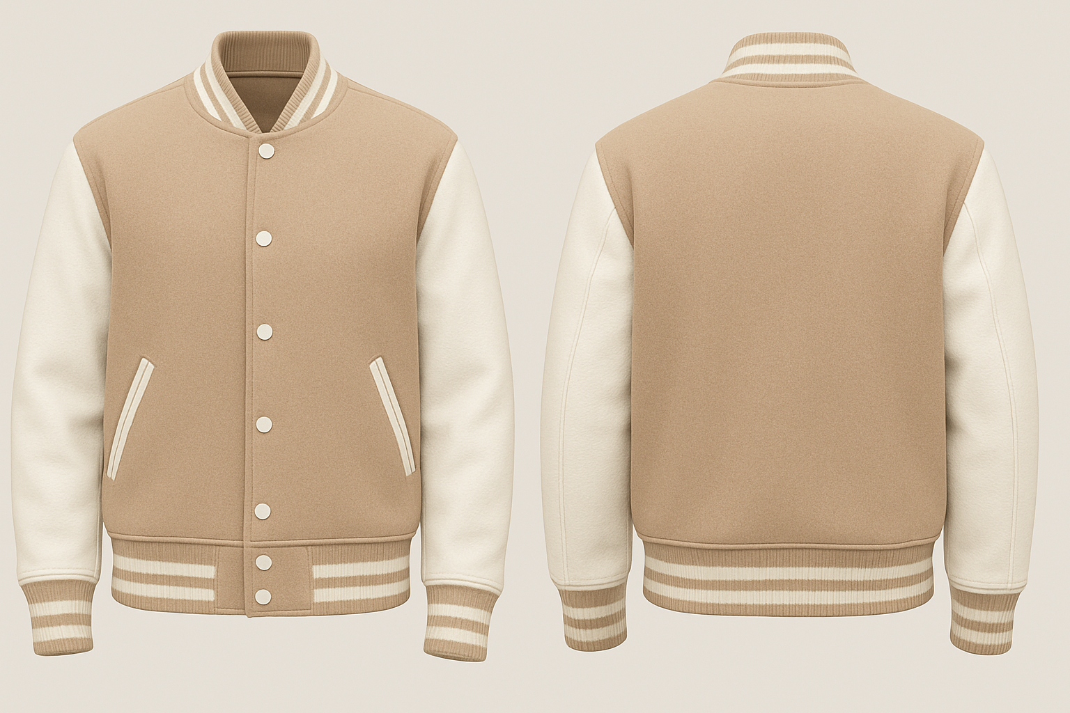 Beige and cream varsity jacket shown from front and back on a light beige background