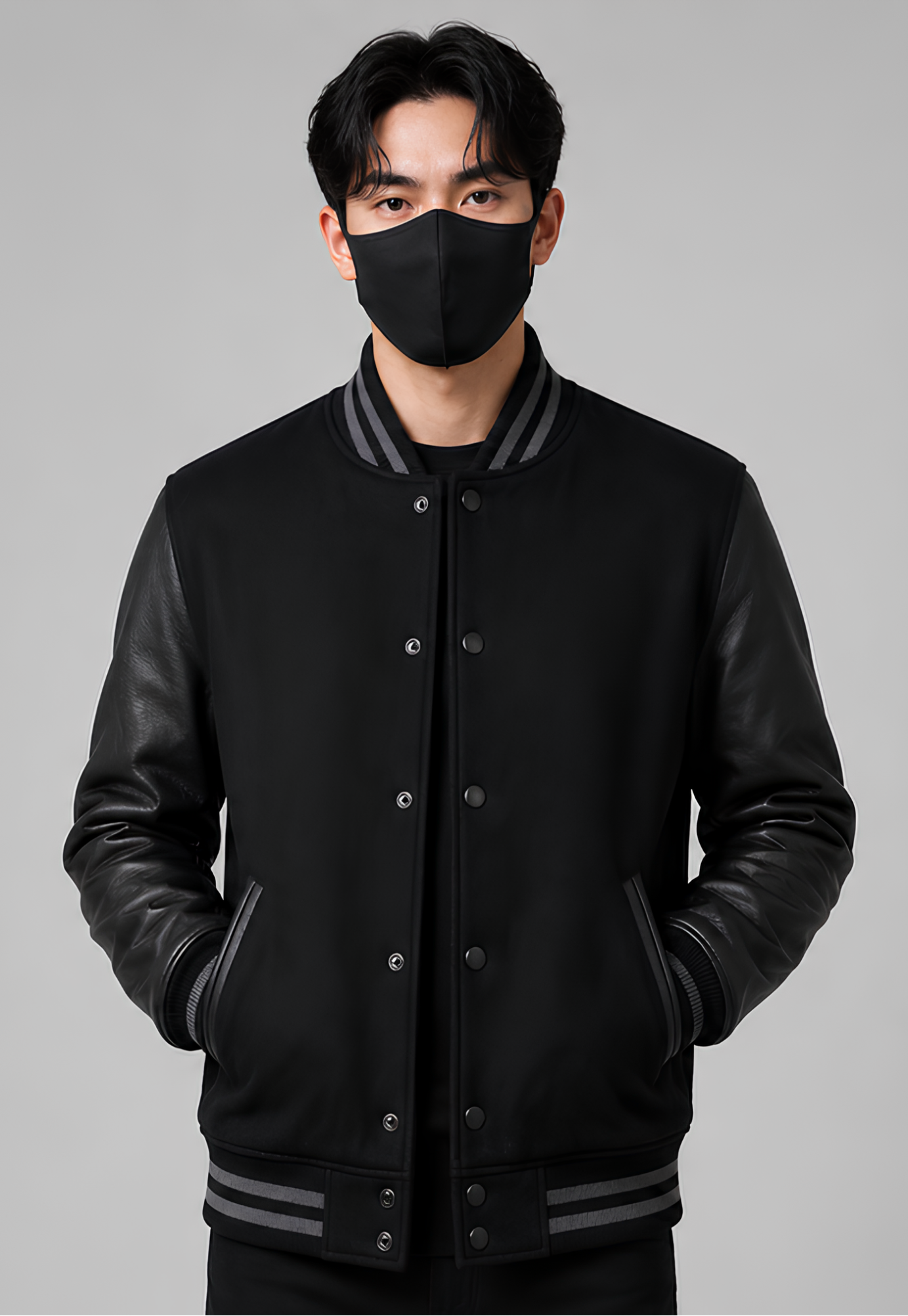 Person wearing a black varsity jacket with leather sleeves on a gray background