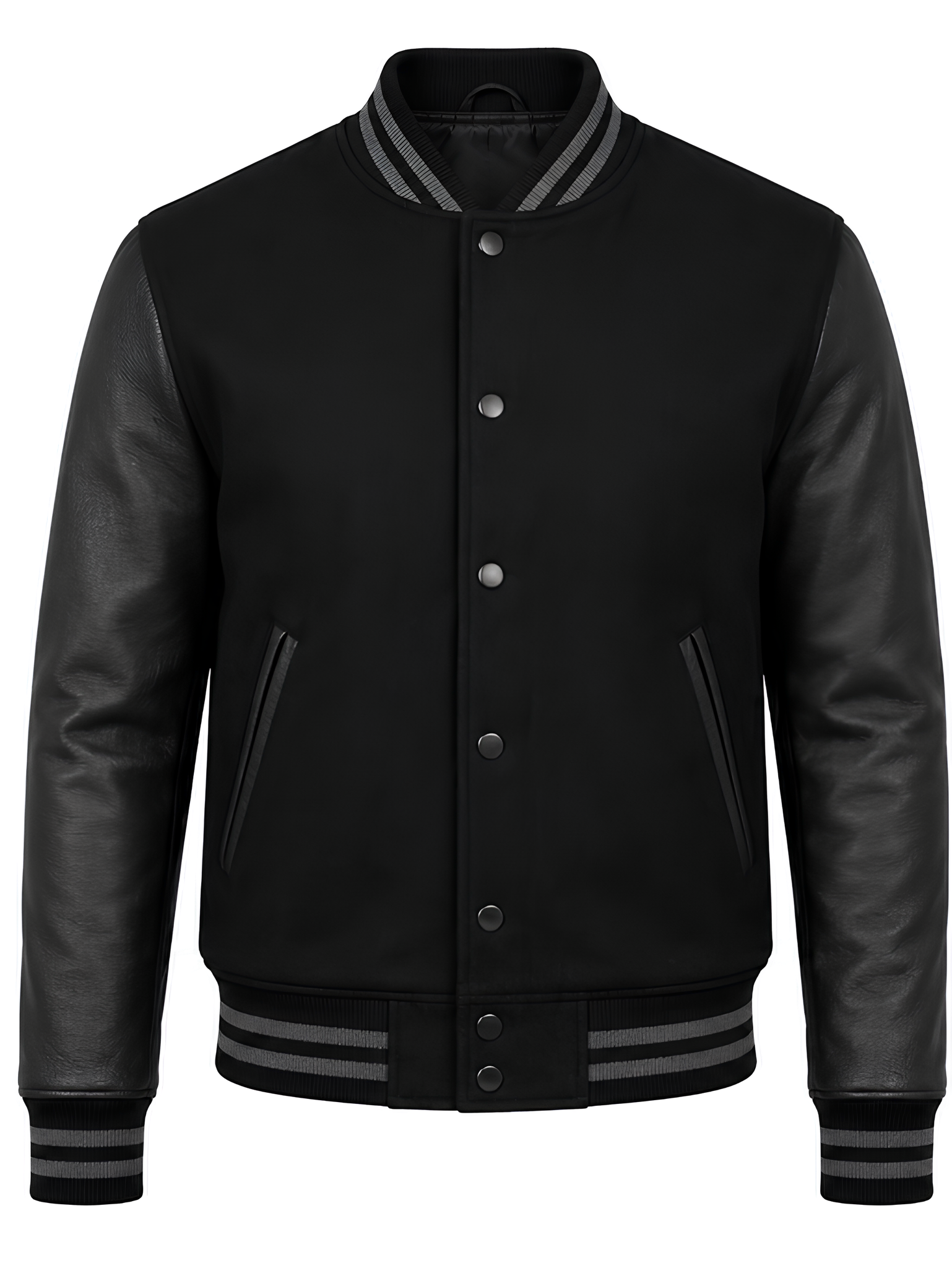 Black varsity jacket with leather sleeves on the grey trim on a white background
