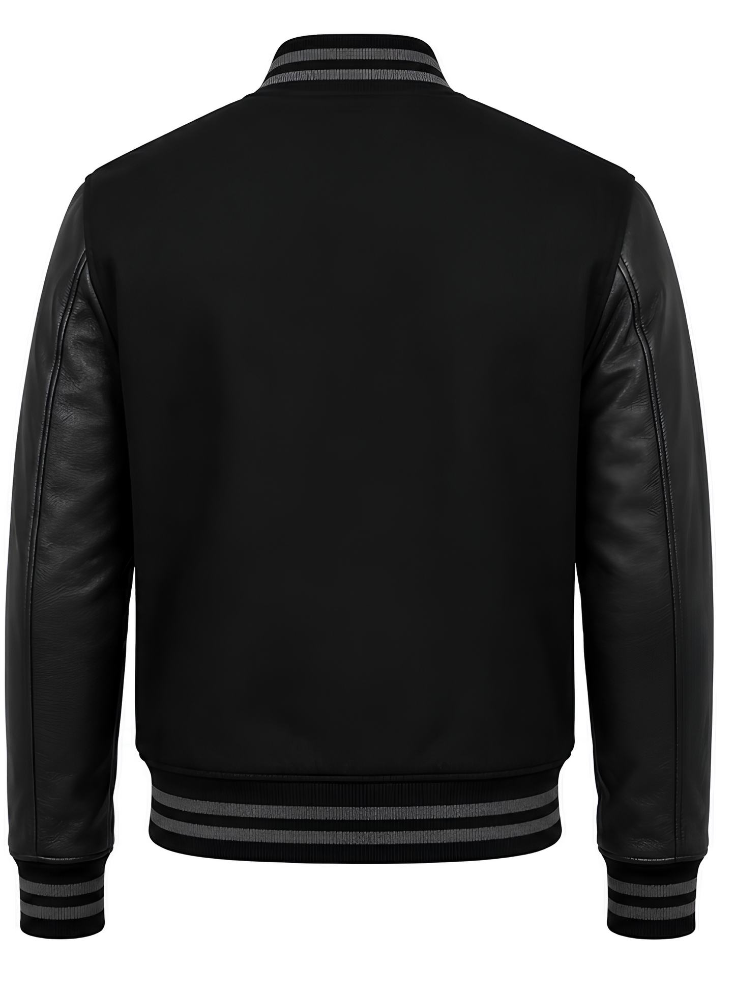 Black varsity jacket with leather sleeves on a white background