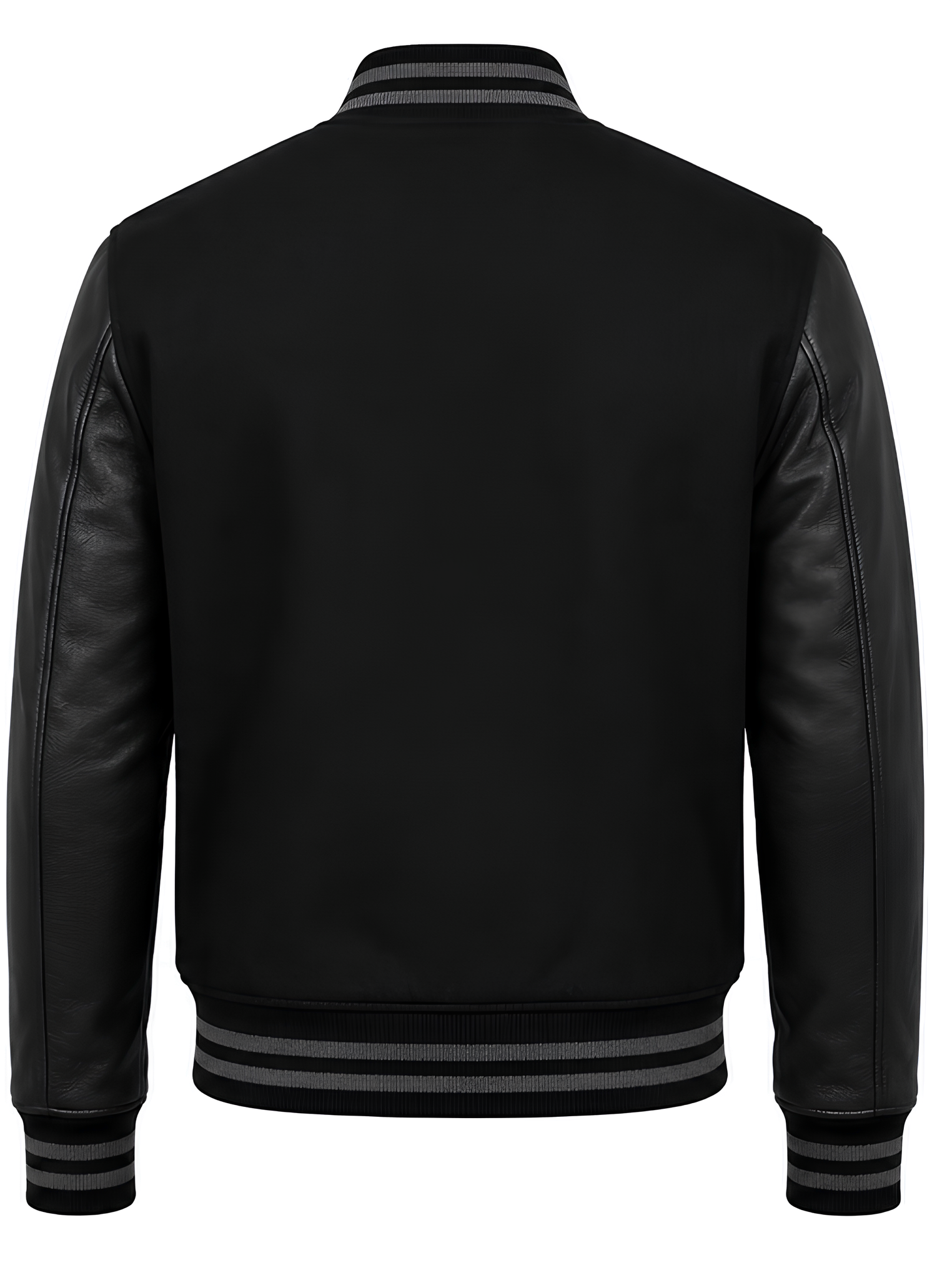 Black varsity jacket with leather sleeves on a white background