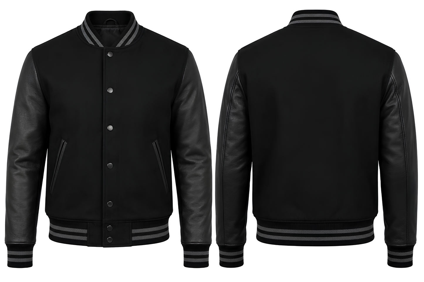 Black varsity jacket with leather sleeves shown from front and back on a white background