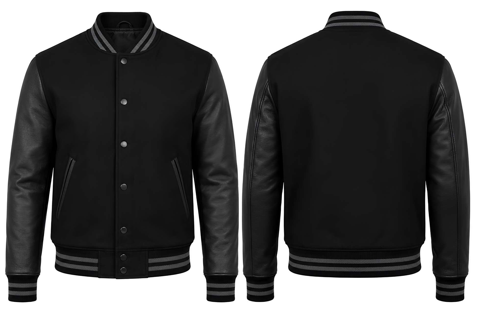 Black varsity jacket with leather sleeves shown from front and back on a white background