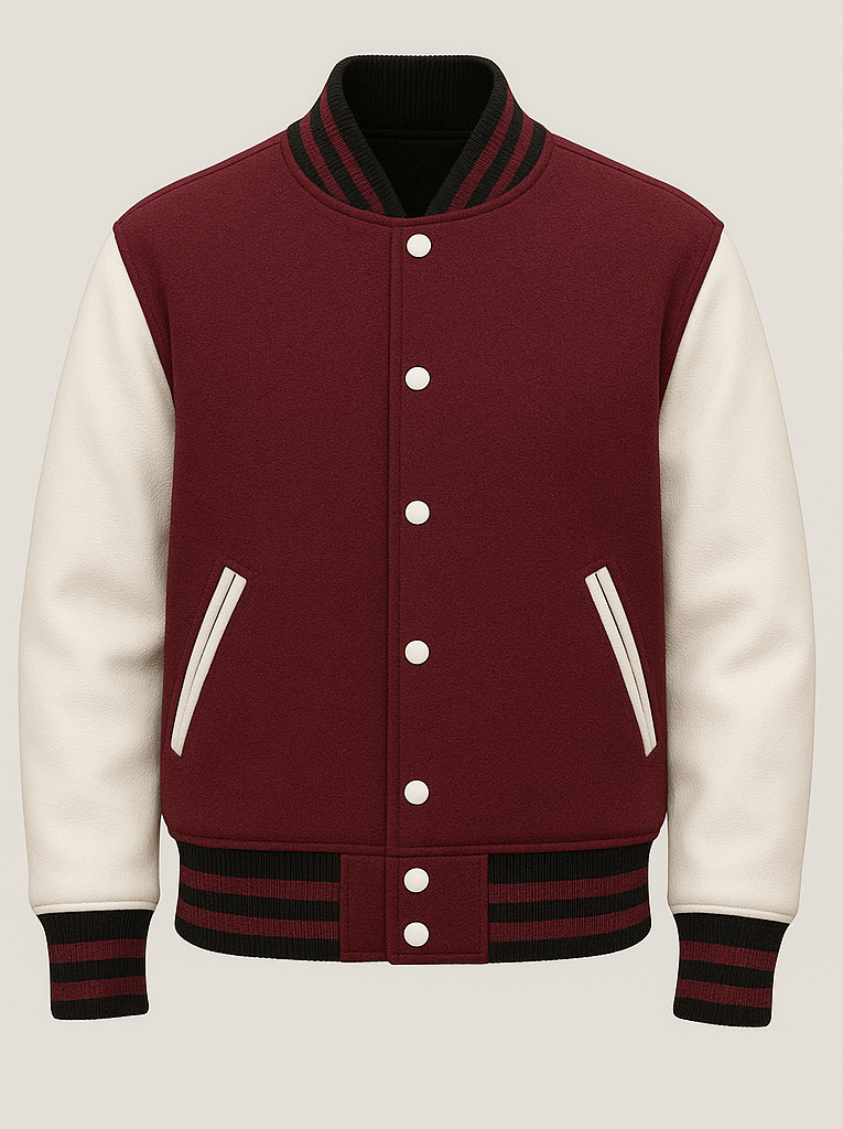 Maroon and white varsity jacket with black accents on a light gray background