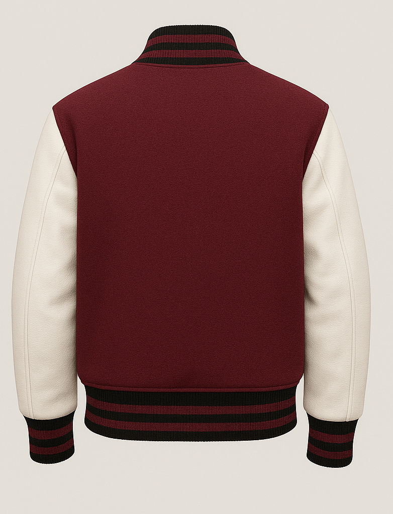 Maroon and white varsity jacket with black accents on a light gray background