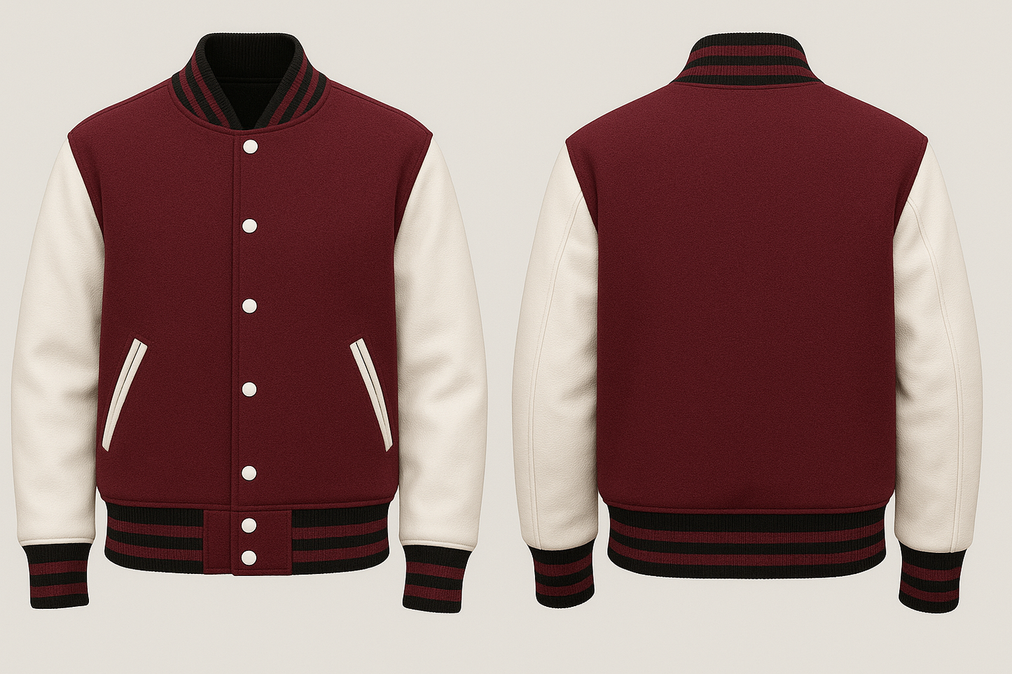 Maroon and white varsity jacket shown from front and back on a light gray background