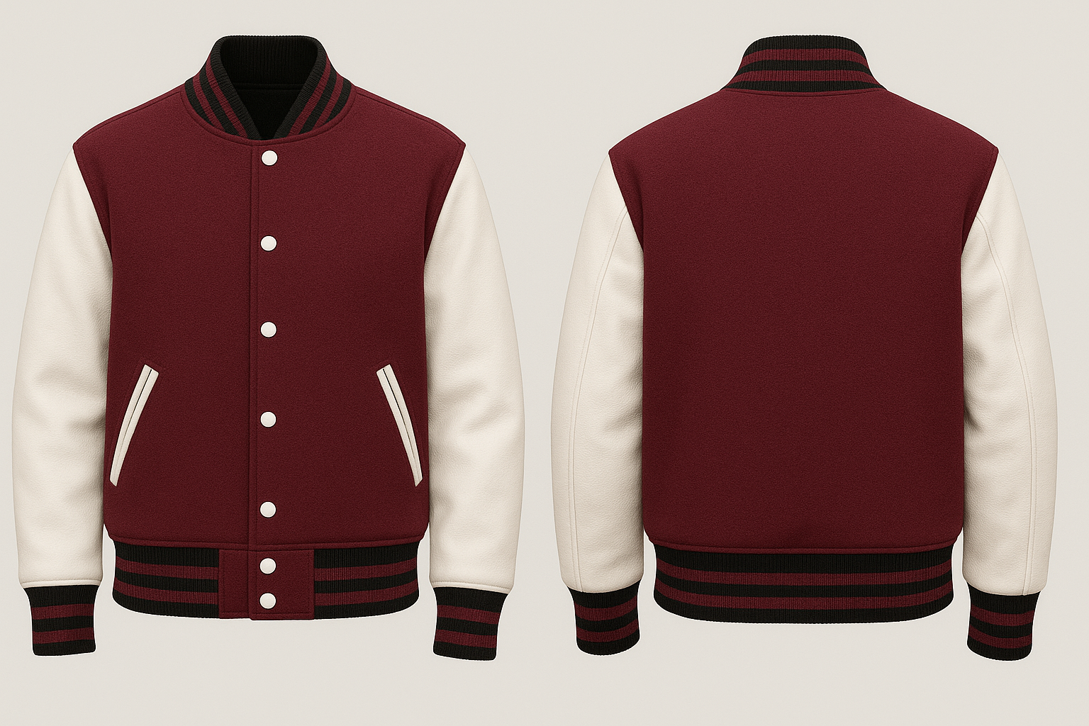 Maroon and white varsity jacket shown from front and back on a light gray background