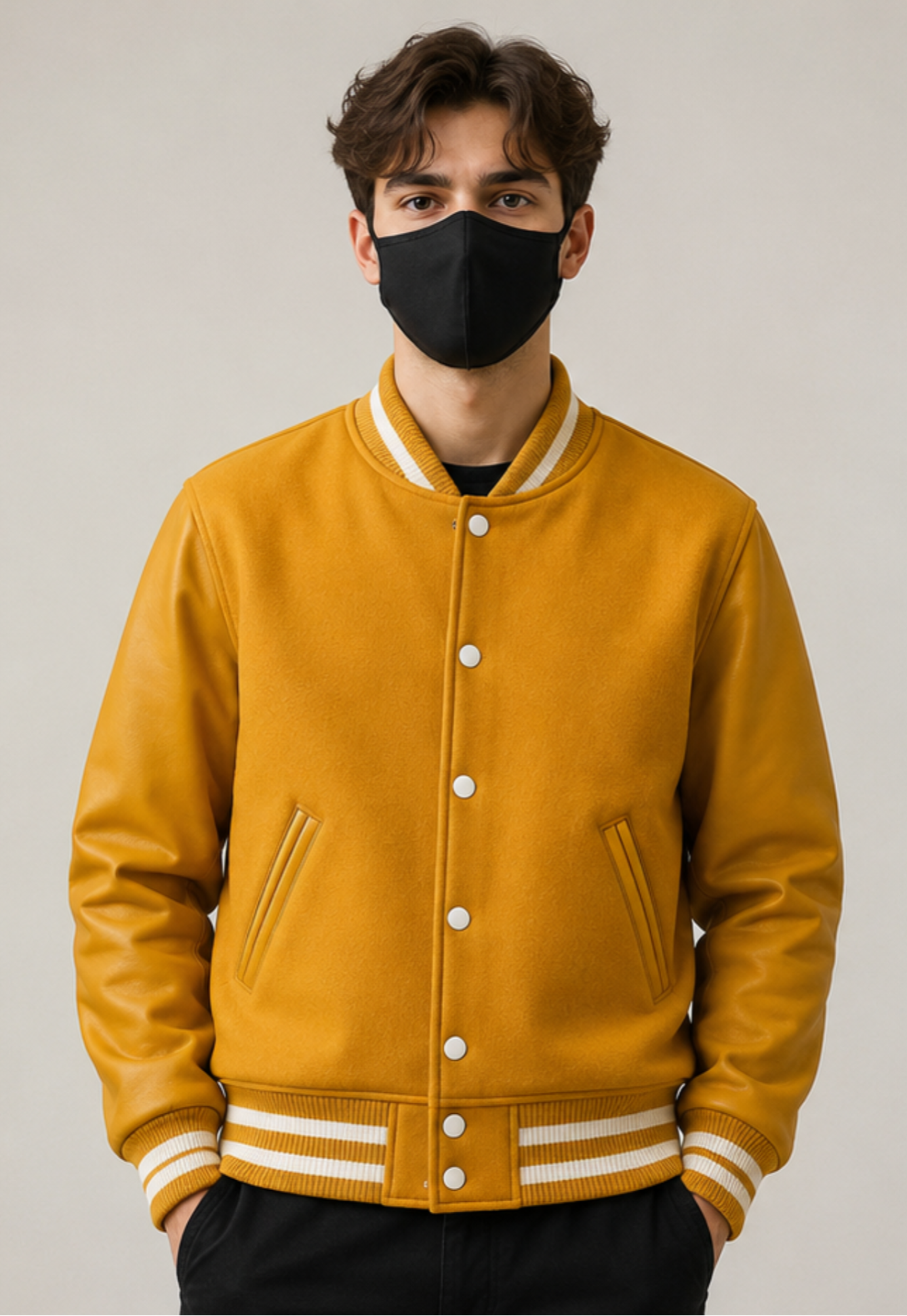 Person wearing a yellow varsity jacket with white accents on a plain background