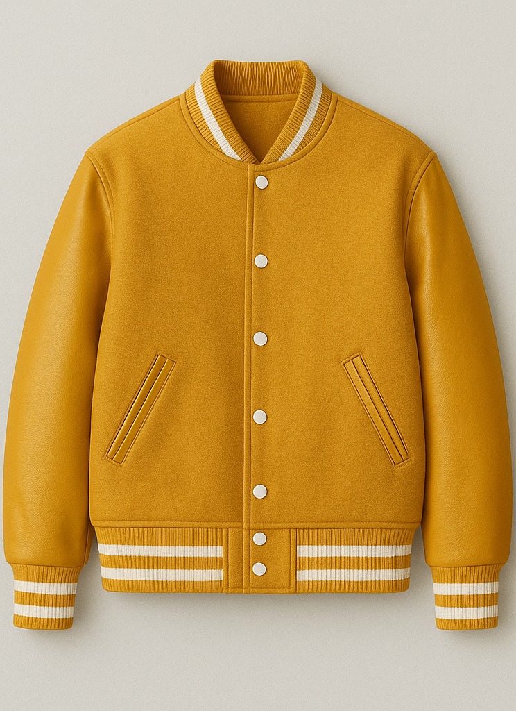 Yellow varsity jacket with white accents on a light gray background
