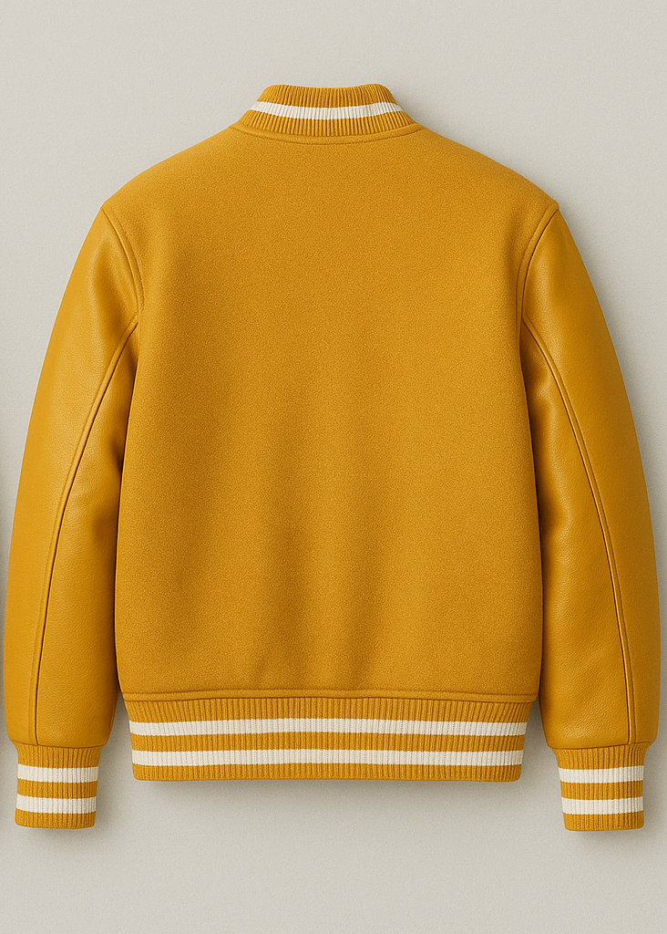 Yellow varsity jacket with white stripes on a light gray background