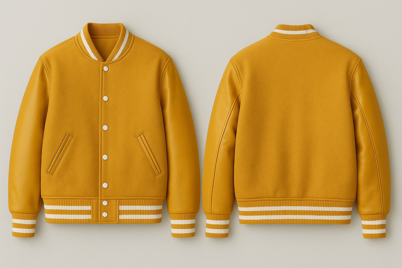 Yellow varsity jacket shown from front and back on a light gray background