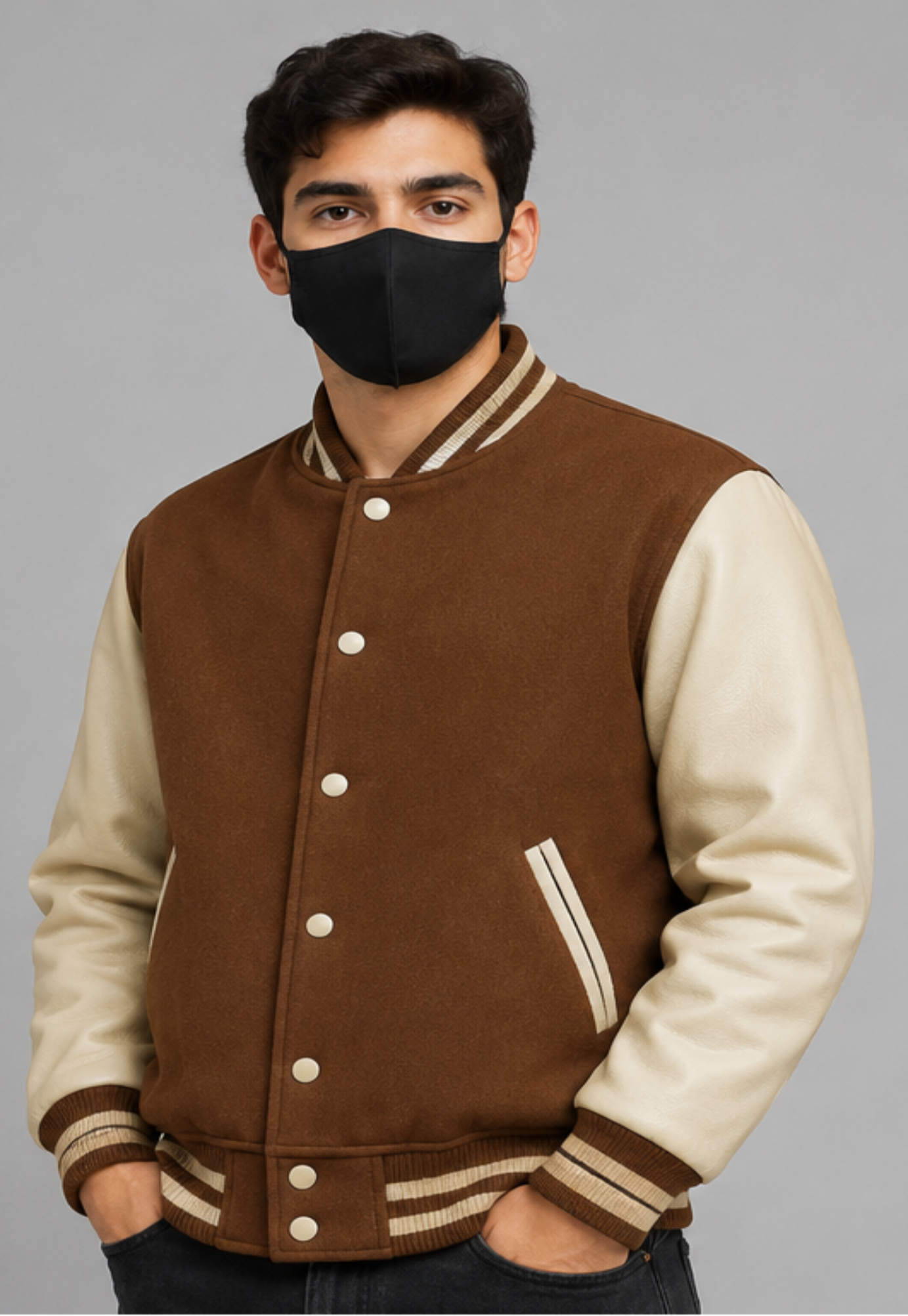 Man wearing a brown and beige varsity jacket with a black mask on a gray background