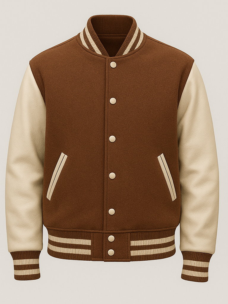 Brown and beige varsity jacket with button details on a light gray background