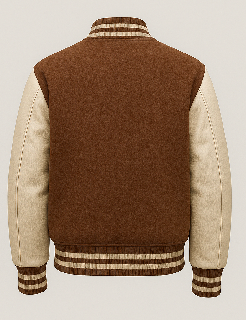 Brown and beige varsity jacket on a light gray background