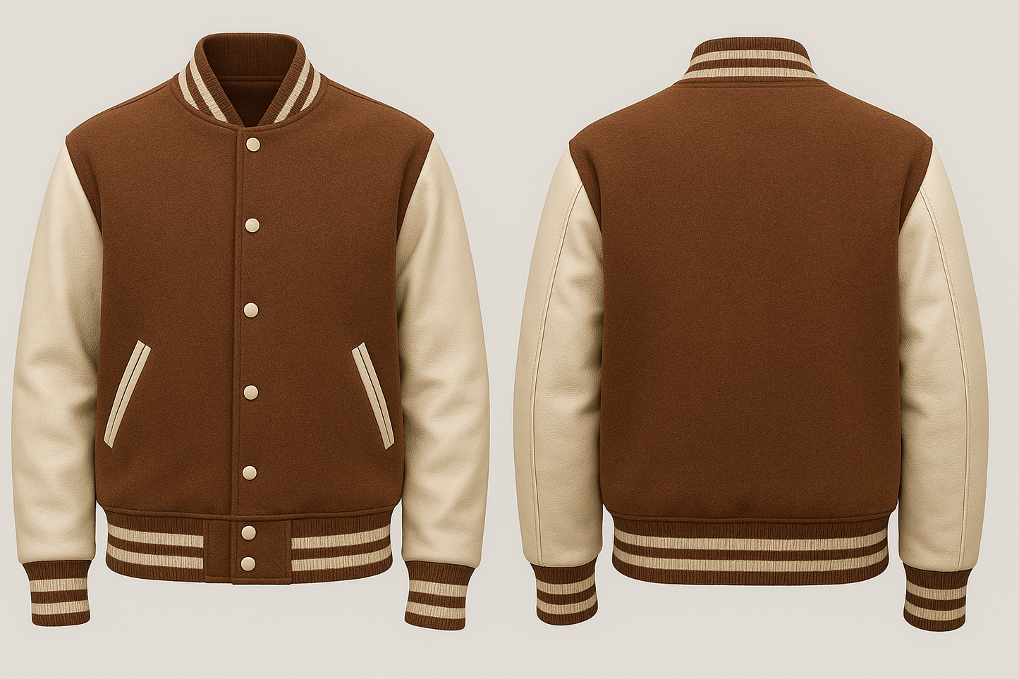 Brown and beige varsity jacket shown from front and back on a light gray background