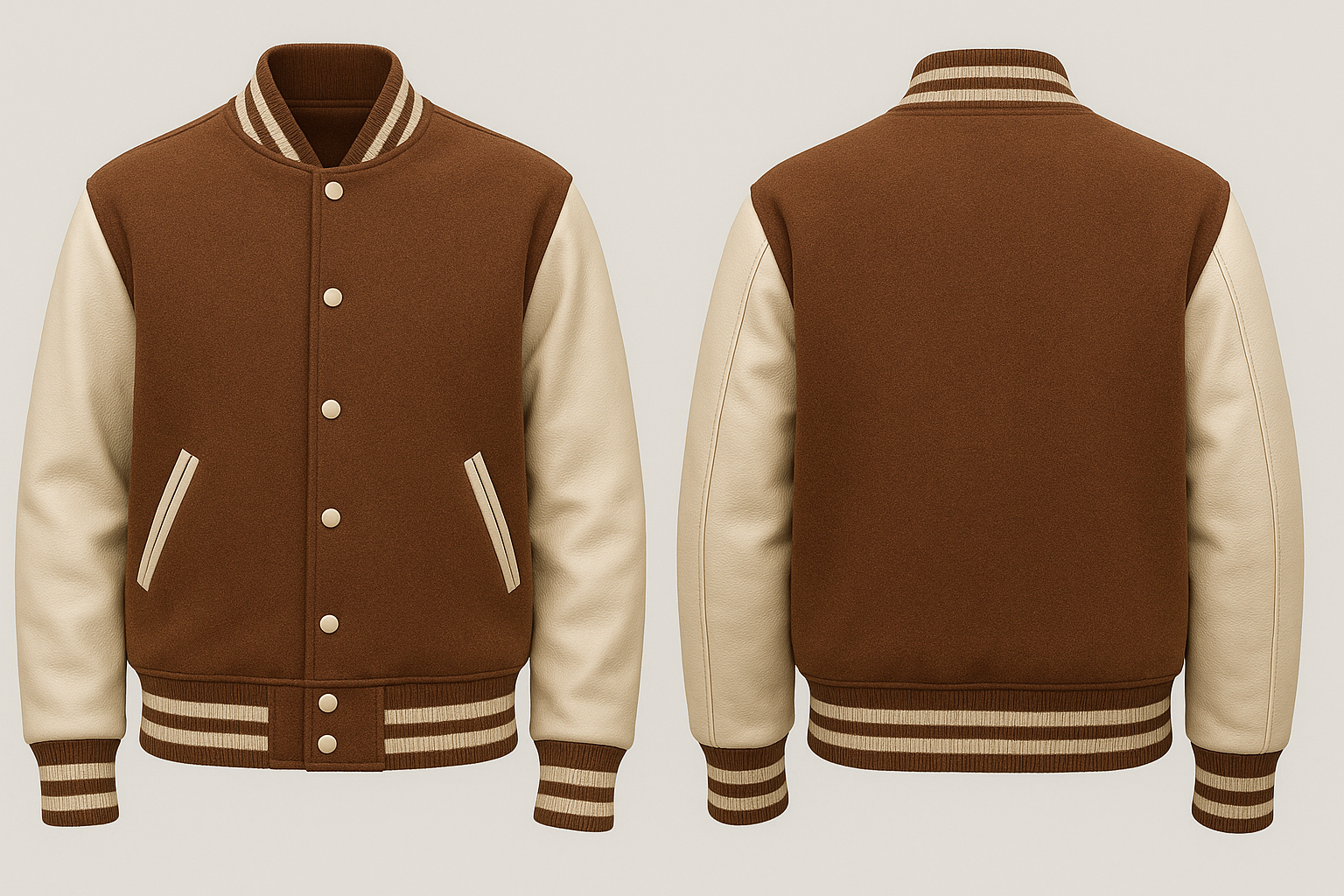 Brown and beige varsity jacket shown from front and back on a light gray background