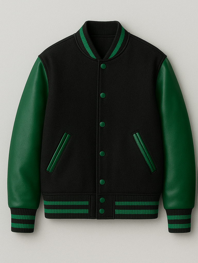 Black and green varsity jacket on a light gray background