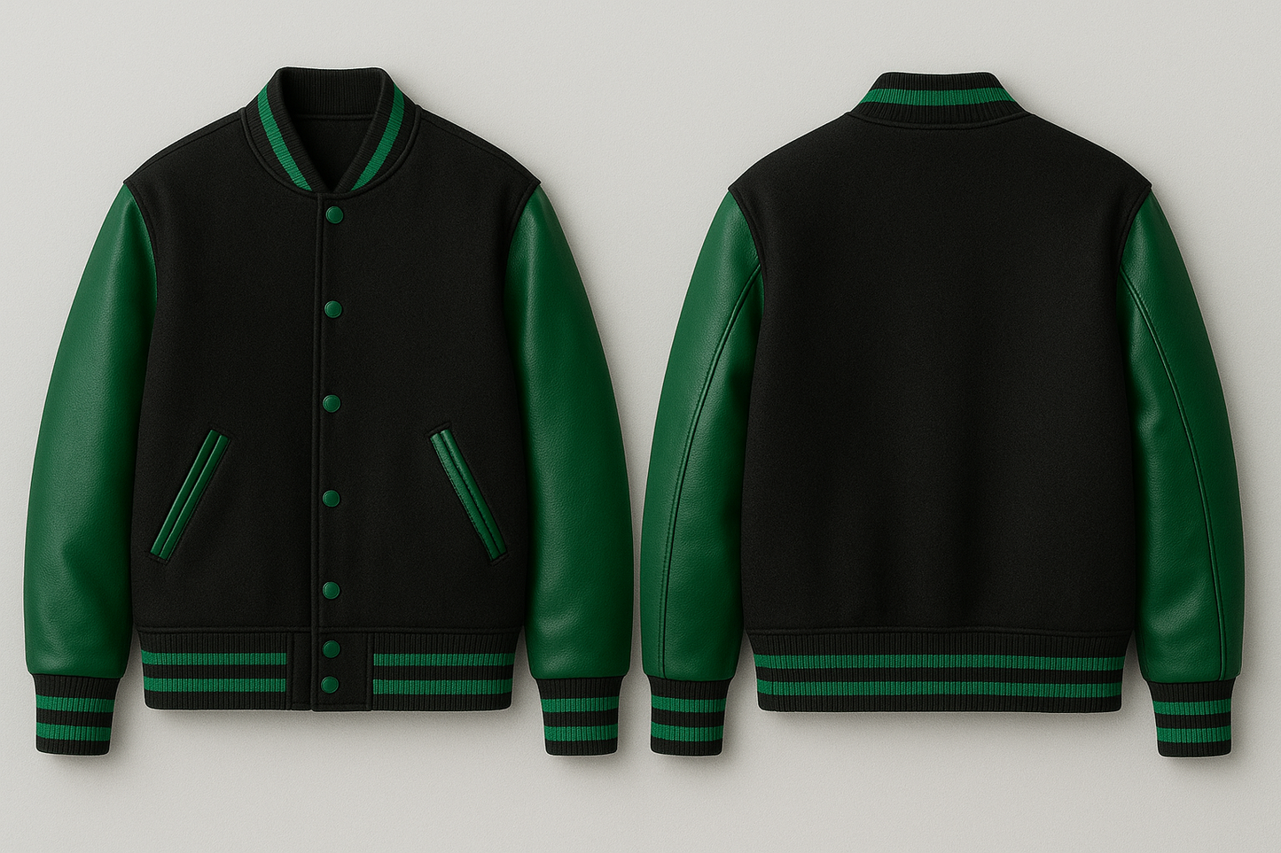 Black and green varsity jacket shown from front and back on a light gray background