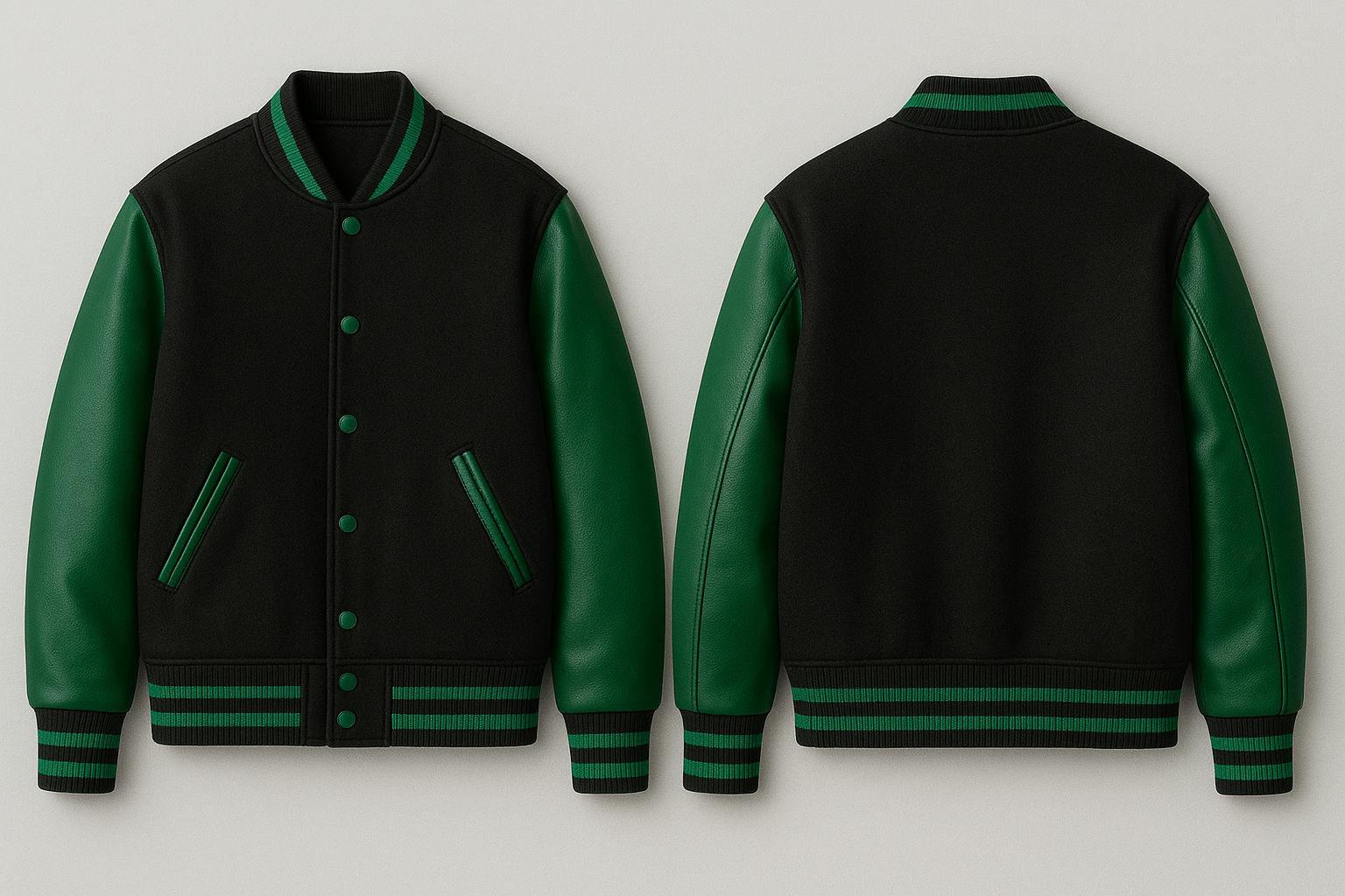 Black and green varsity jacket shown from front and back on a light gray background