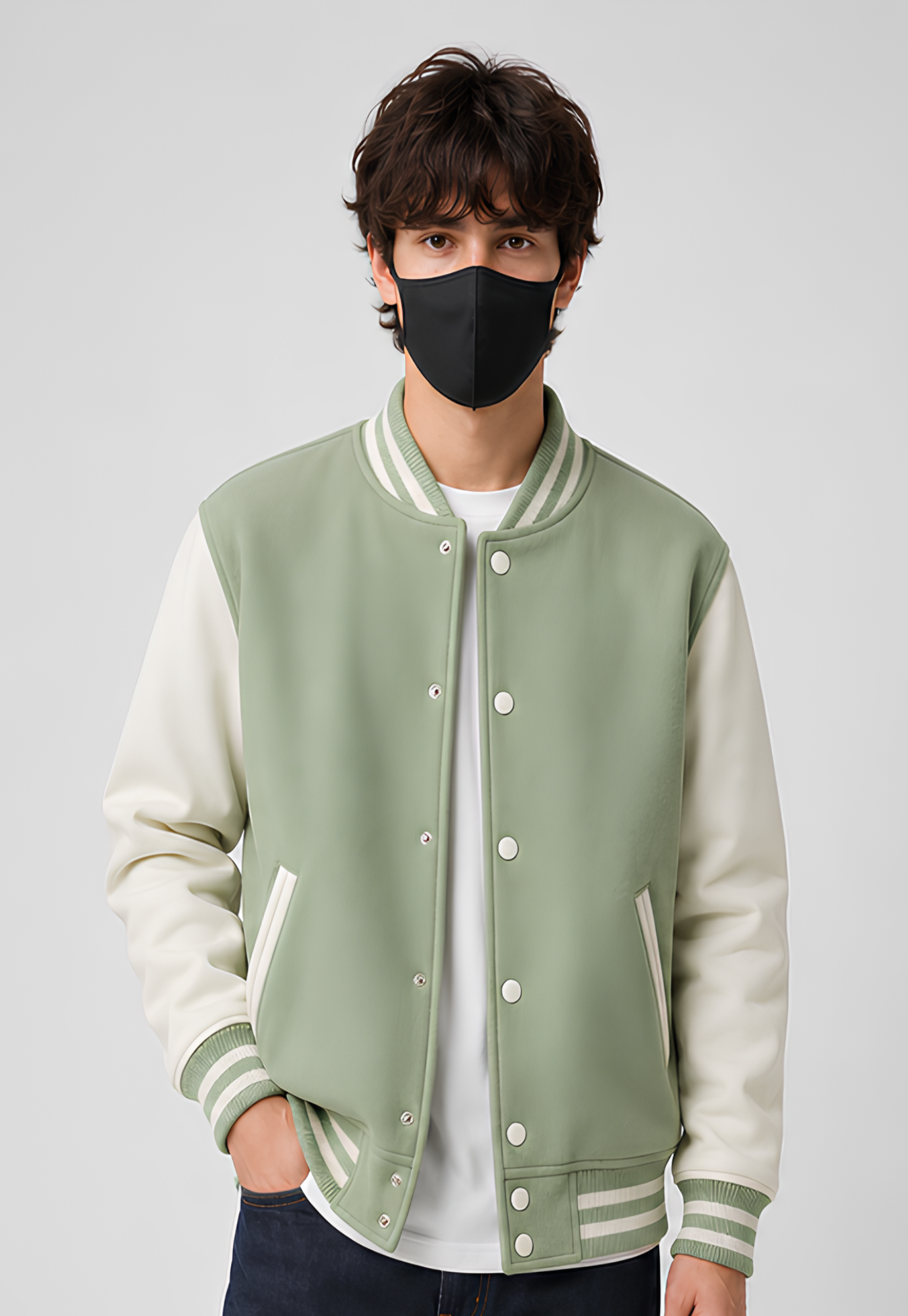 Person wearing a mint green and white varsity jacket with a plain background