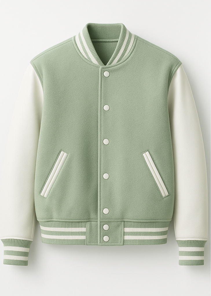 Mint Green varsity jacket with white accents on a light gray background