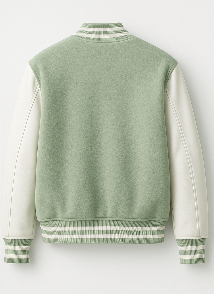 Mint Green varsity jacket with white sleeves on a light gray background