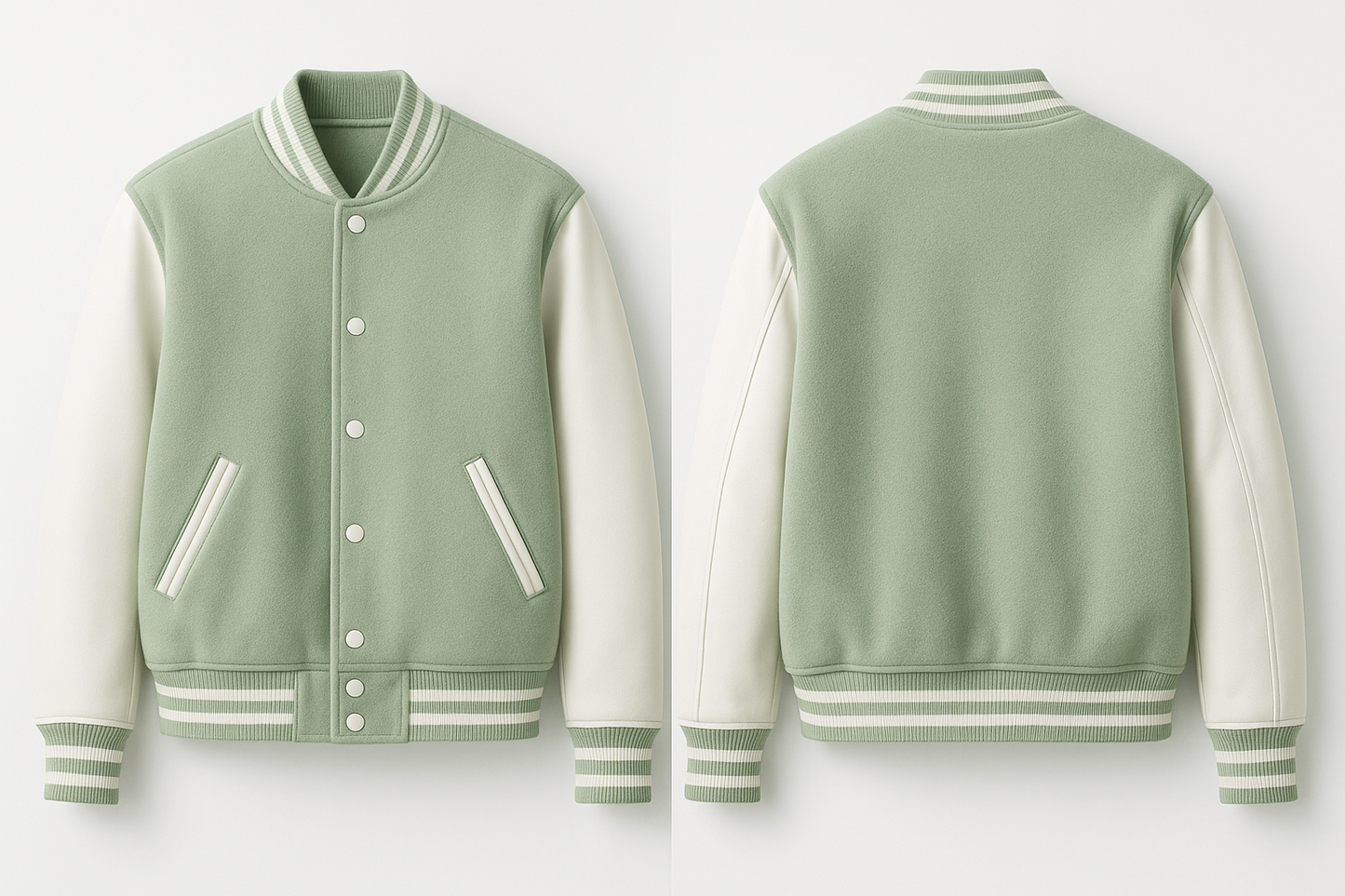 Mint Green and white varsity jacket shown from front and back on a white background