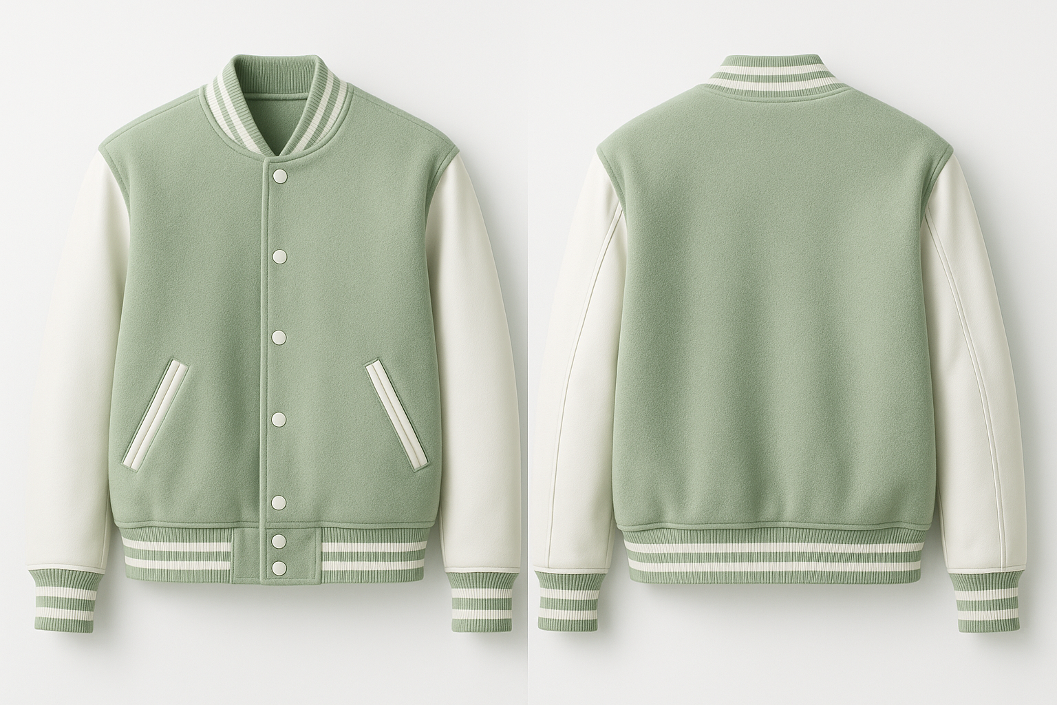 Mint Green and white varsity jacket shown from front and back on a white background