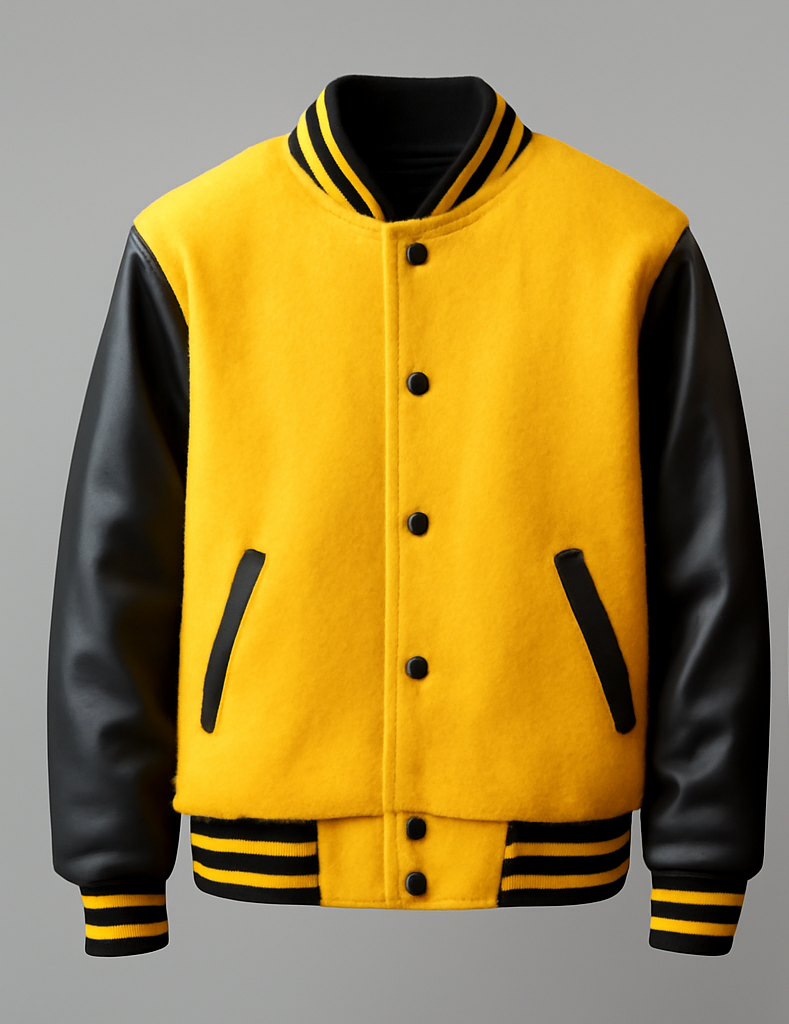 Yellow and black varsity jacket on a gray background
