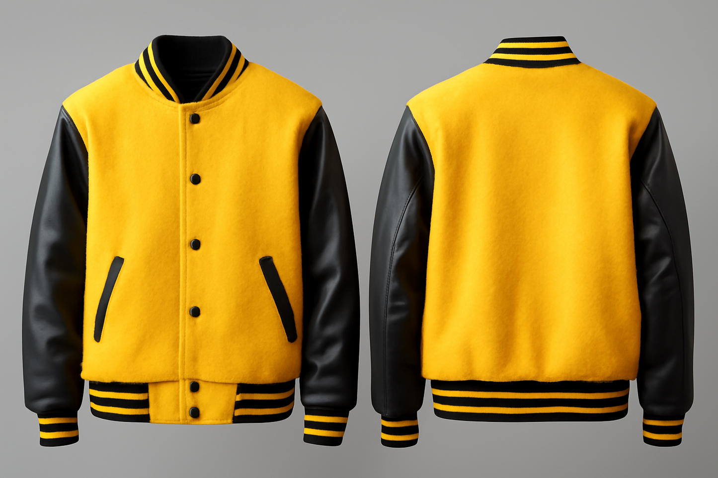 Yellow and black varsity jacket shown from front and back on a gray background