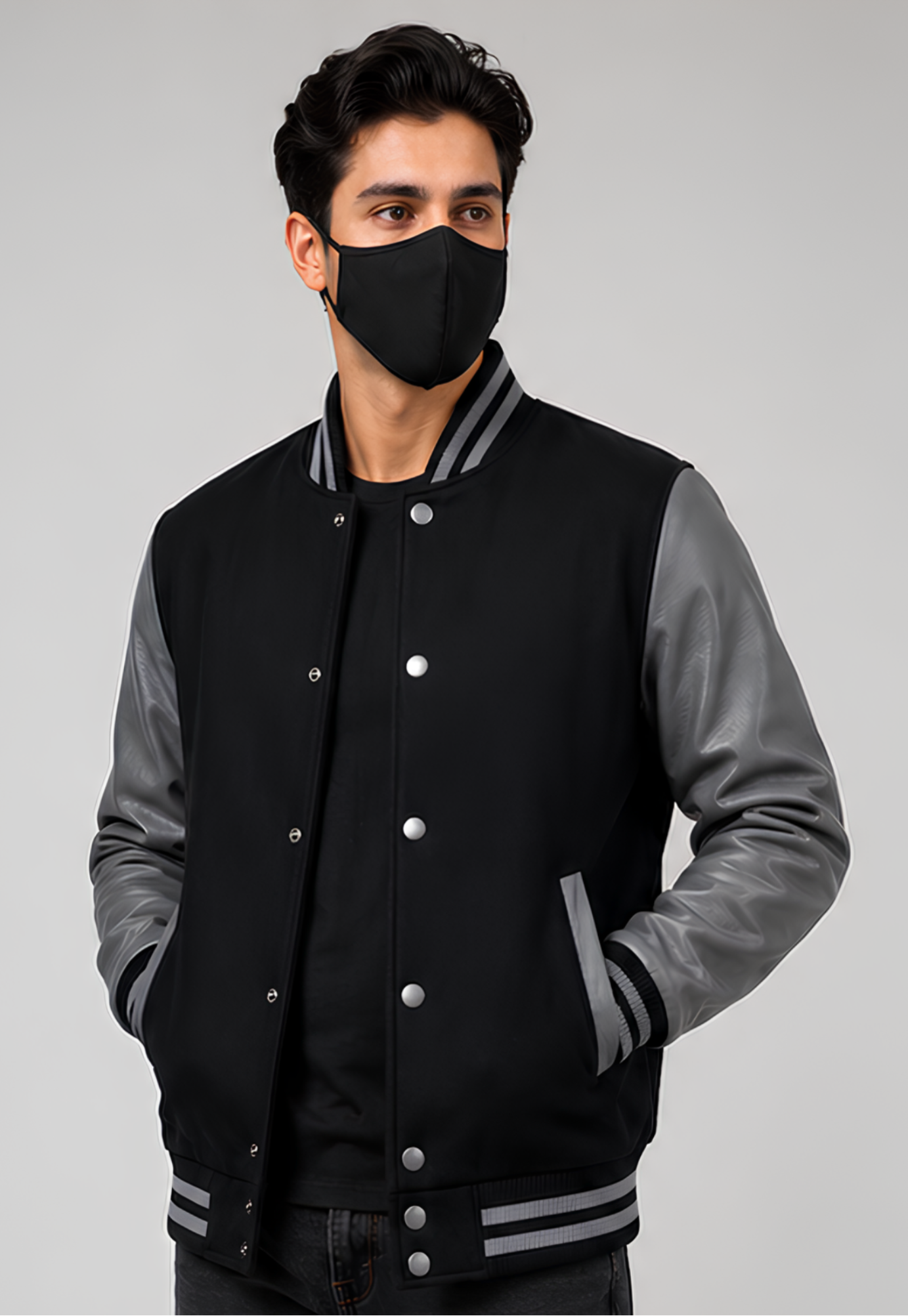 Person wearing a black and gray varsity jacket with a face mask on a gray background