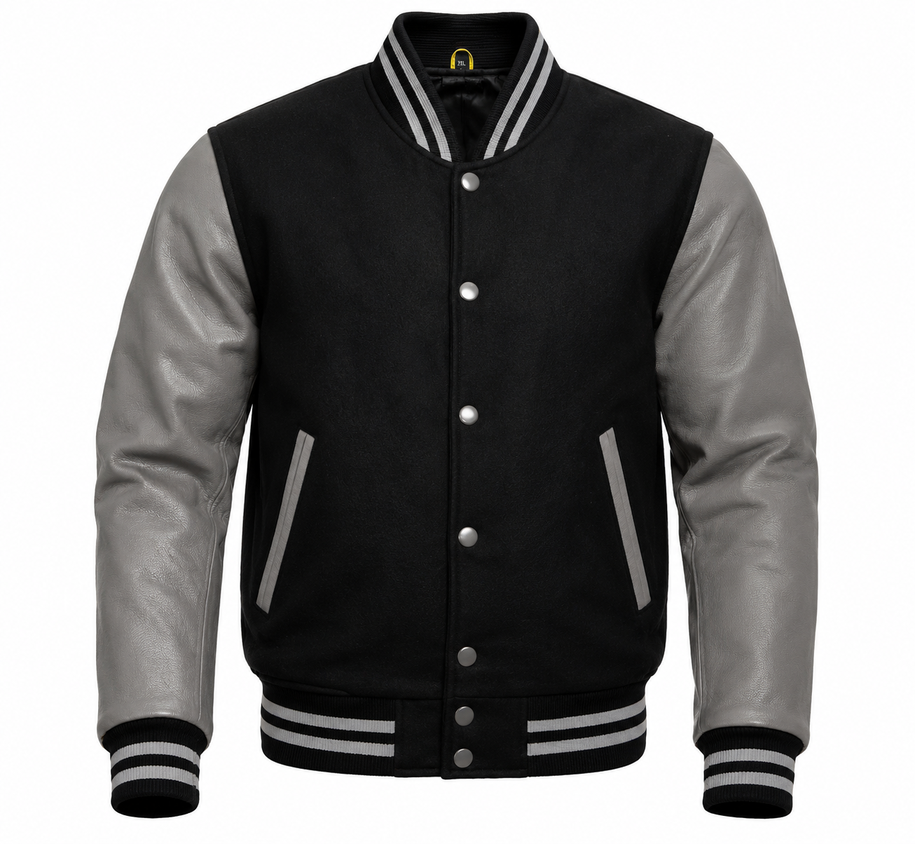 Black and gray varsity jacket with button details on a white background
