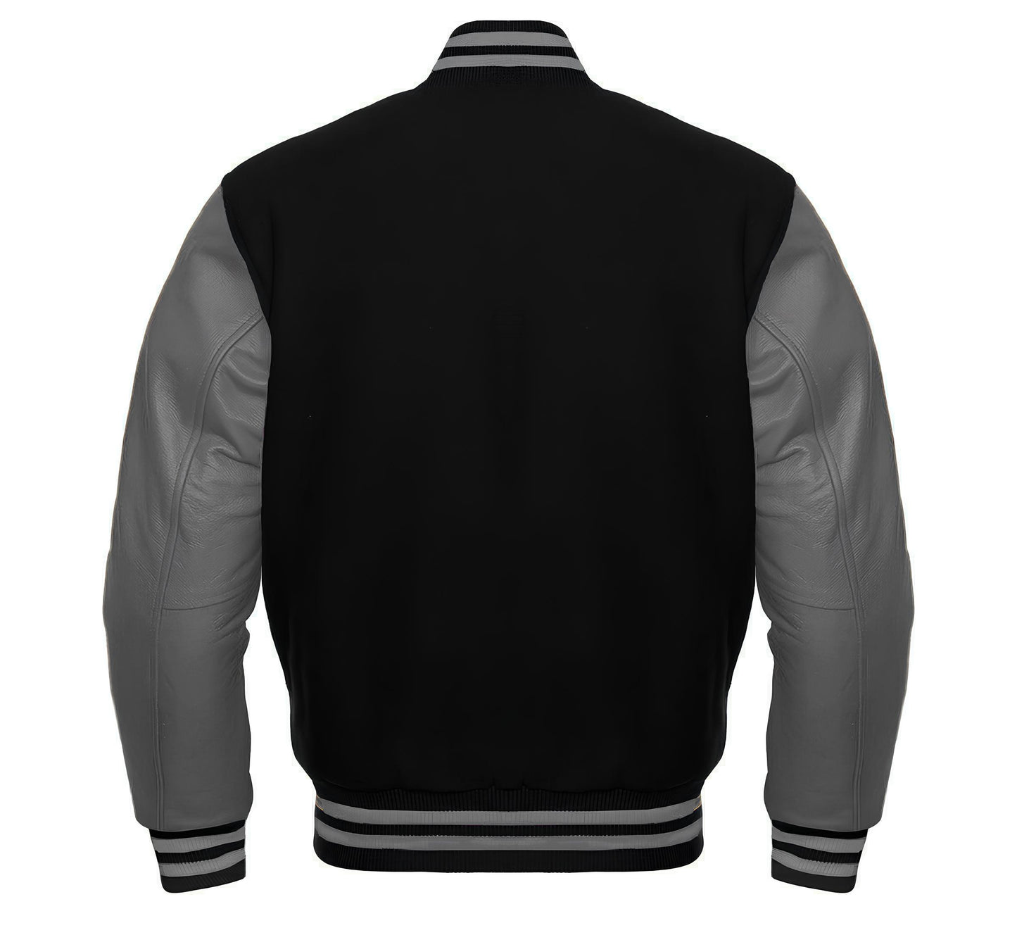 Black varsity jacket with gray sleeves on a white background