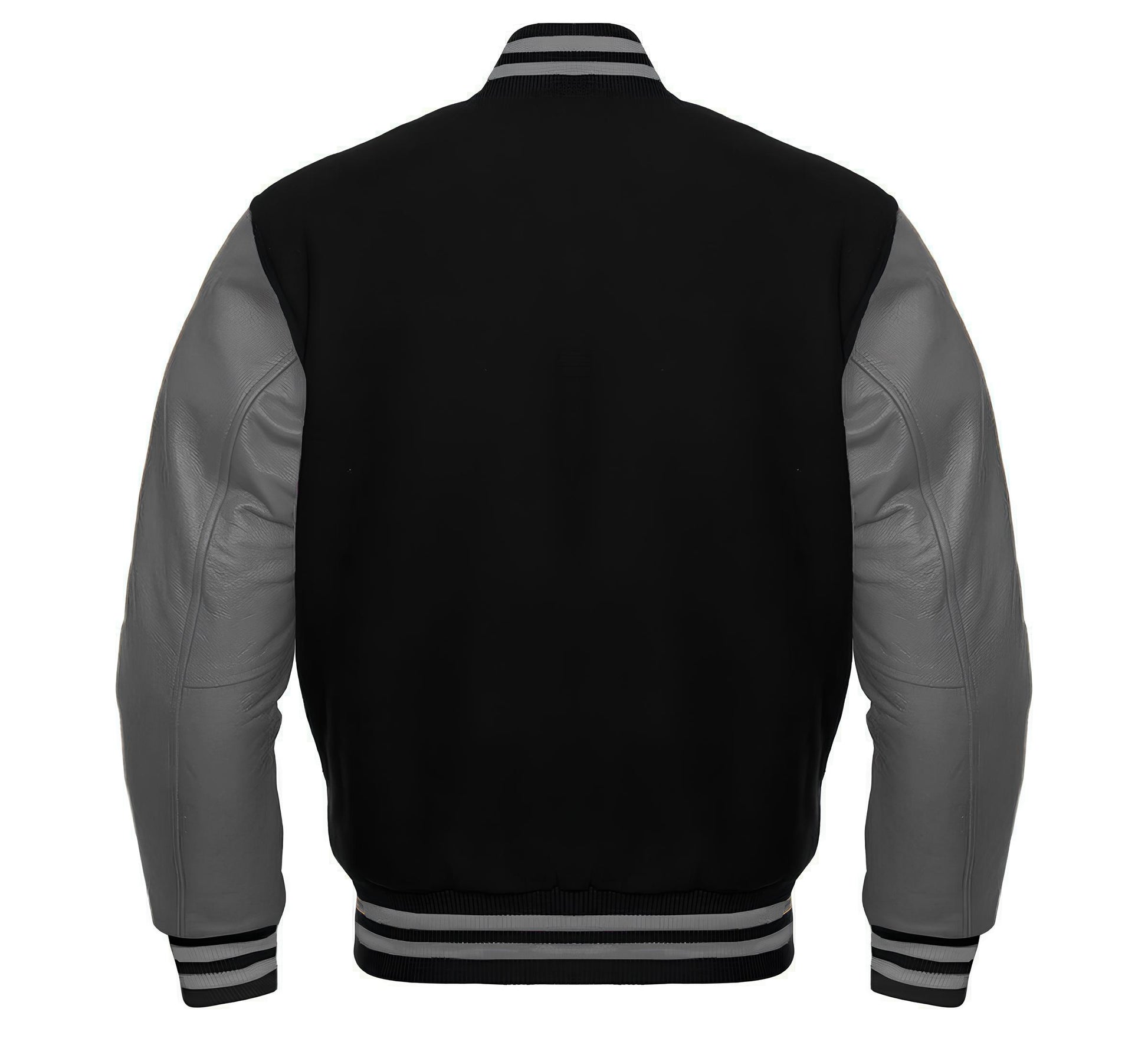 Black varsity jacket with gray sleeves on a white background