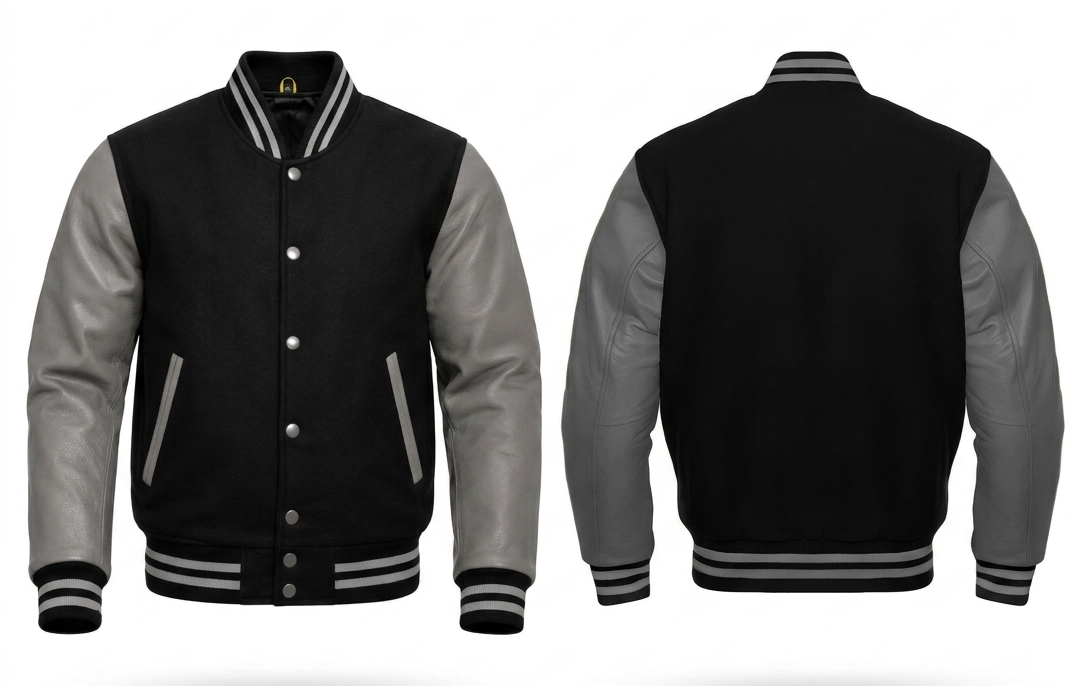 Black and gray varsity jacket shown from front and back on a white background