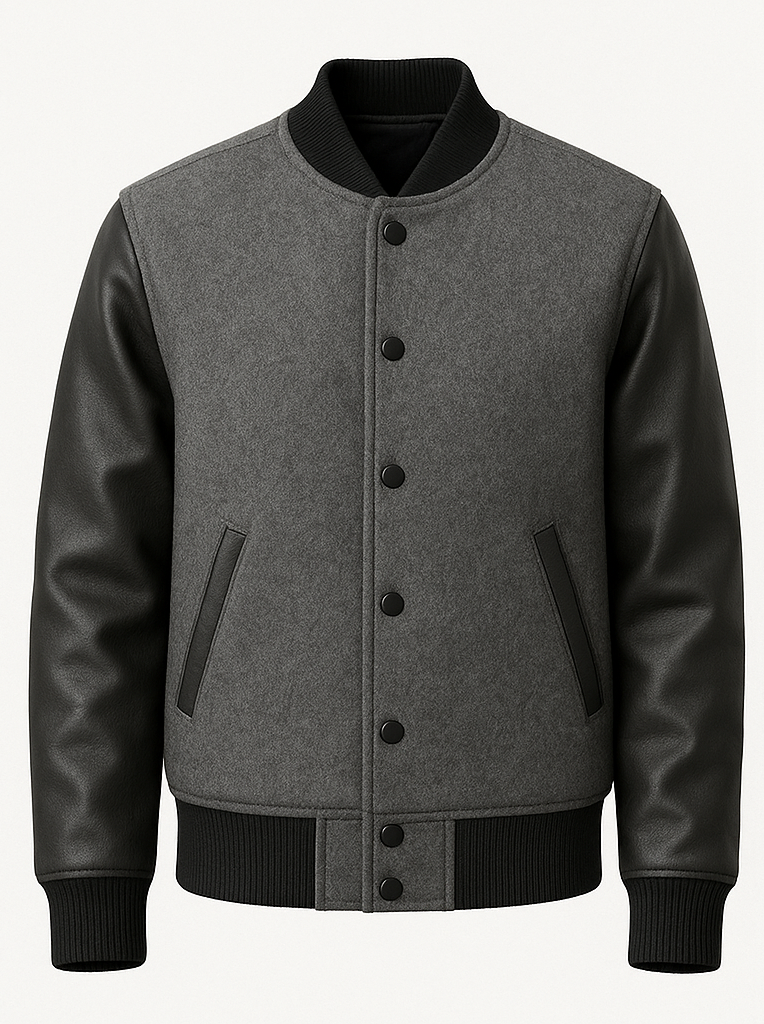 Gray varsity jacket with grey leather sleeves on a white background