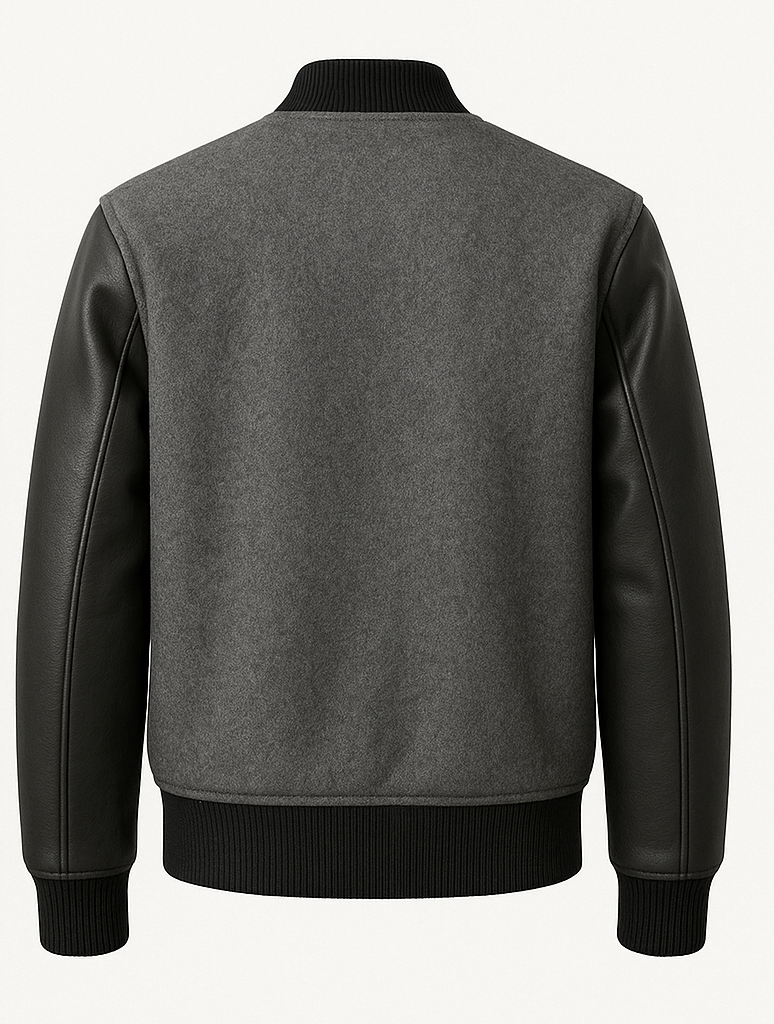 Gray jacket with grey leather sleeves on a white background