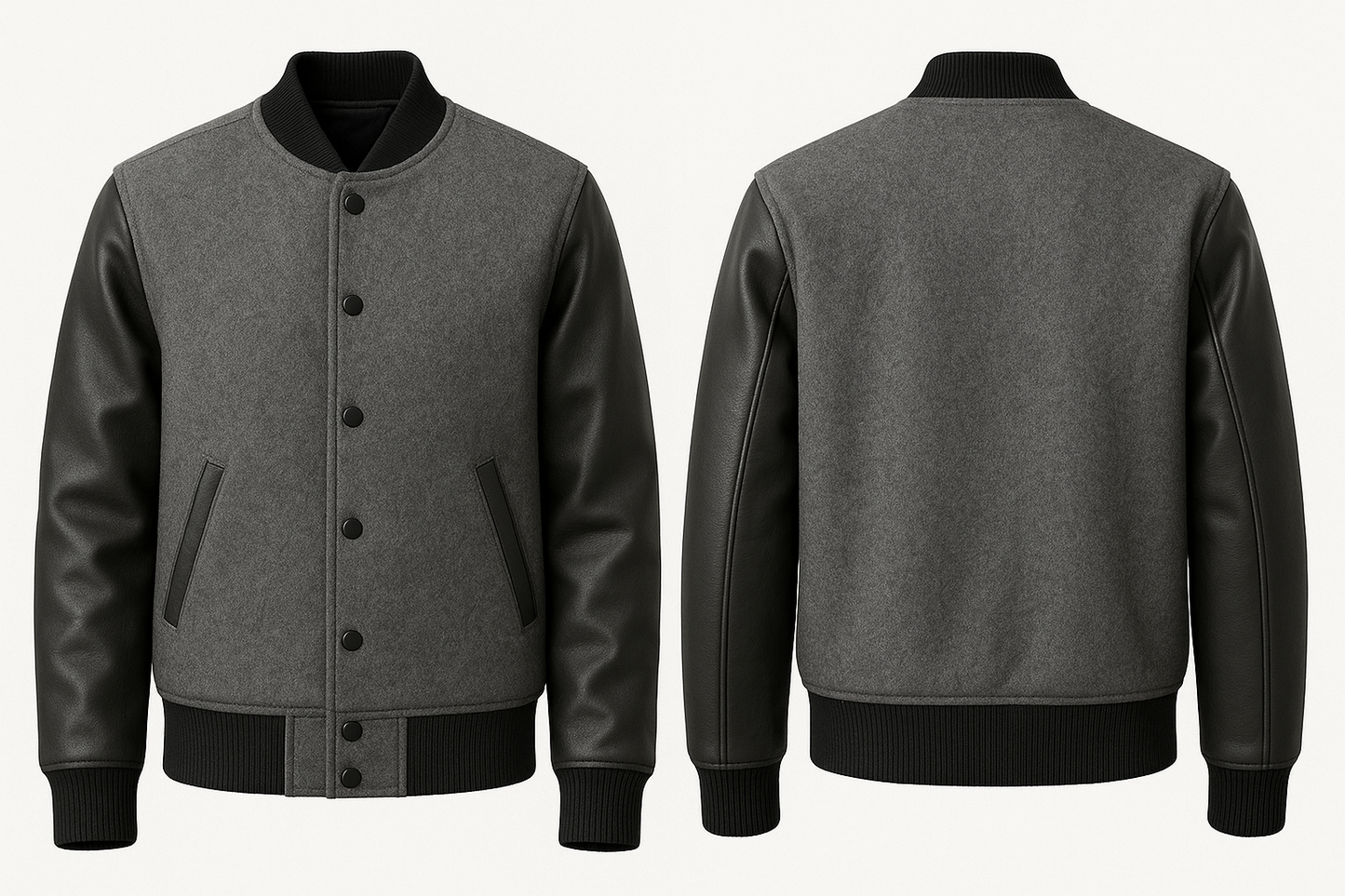 Grey varsity jacket with grey leather sleeves and trim on a white background