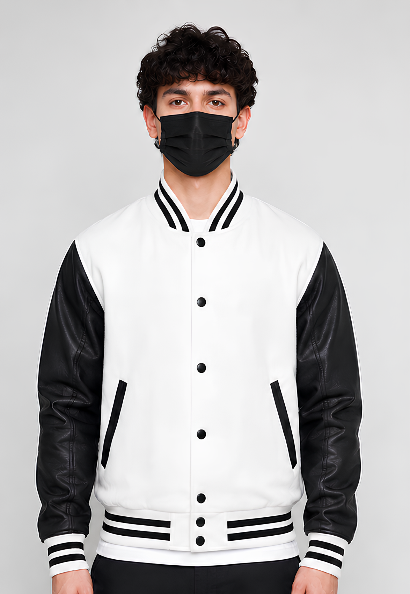 Person wearing a black and white varsity jacket with a plain background
