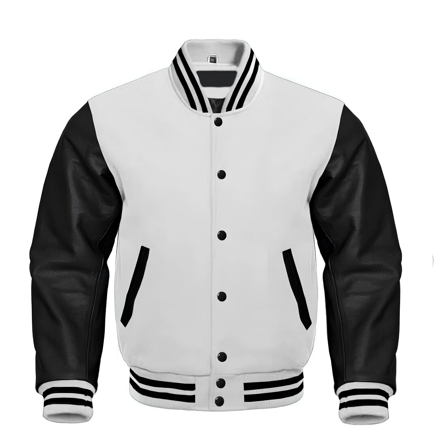White and black varsity jacket with button details on a white background