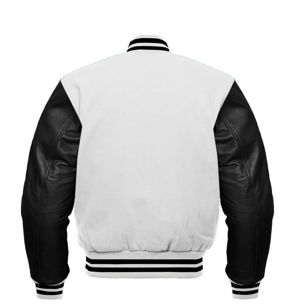 White varsity jacket with black sleeves on a white background