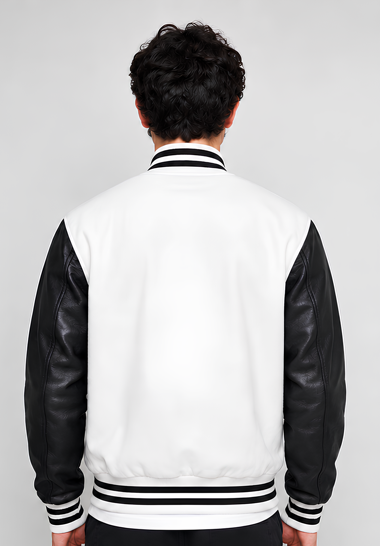 Person wearing a white varsity jacket with black sleeves on a gray background