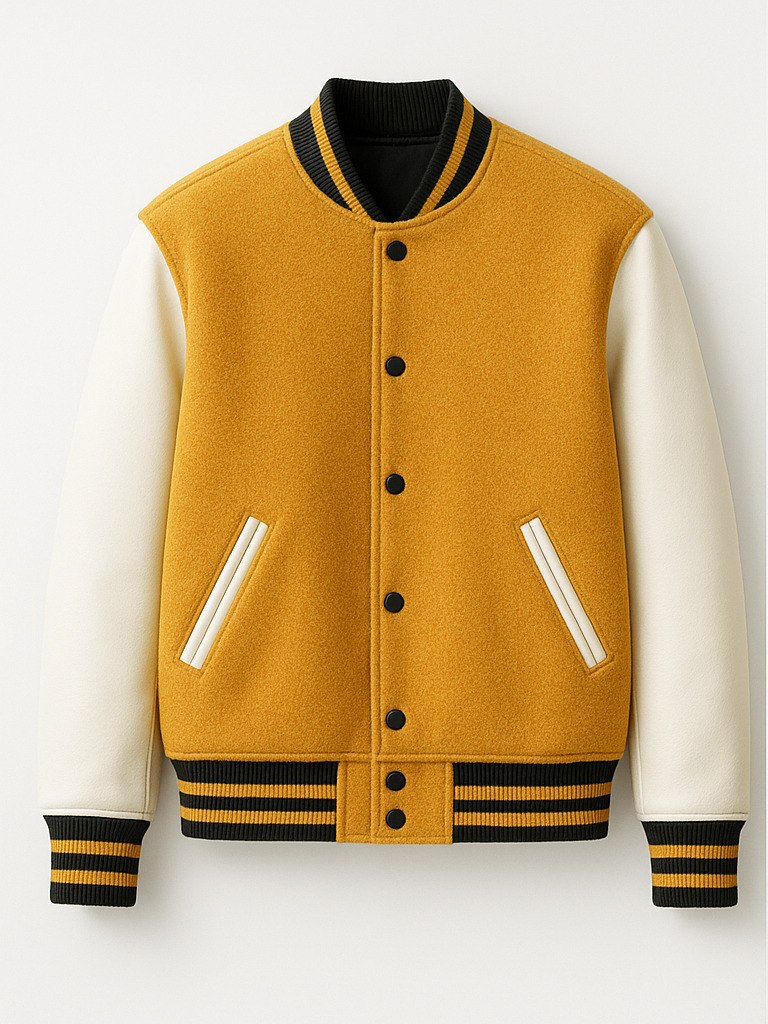 Golden varsity jacket with white sleeves on a light gray background