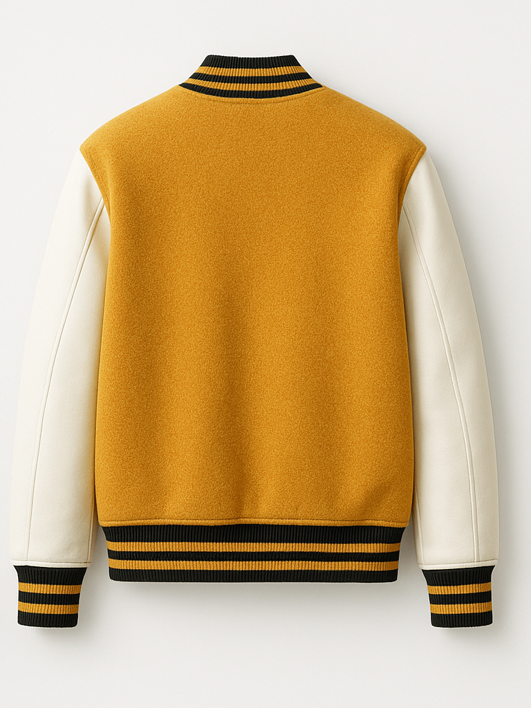 Golden varsity jacket with white sleeves on a light gray background