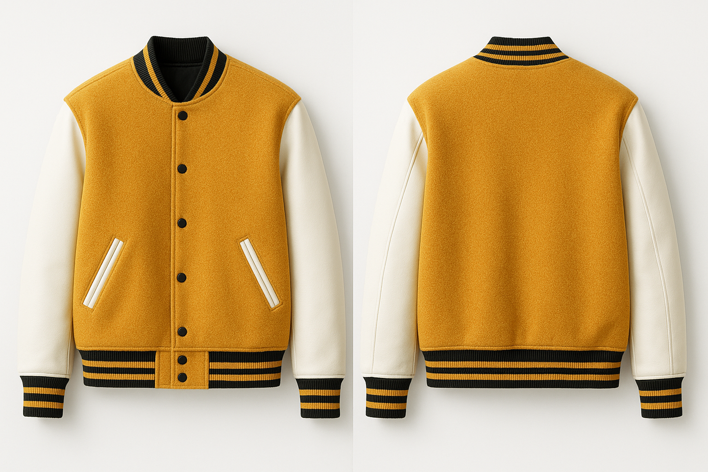 Golden varsity jacket with white sleeves and black accents on a white background