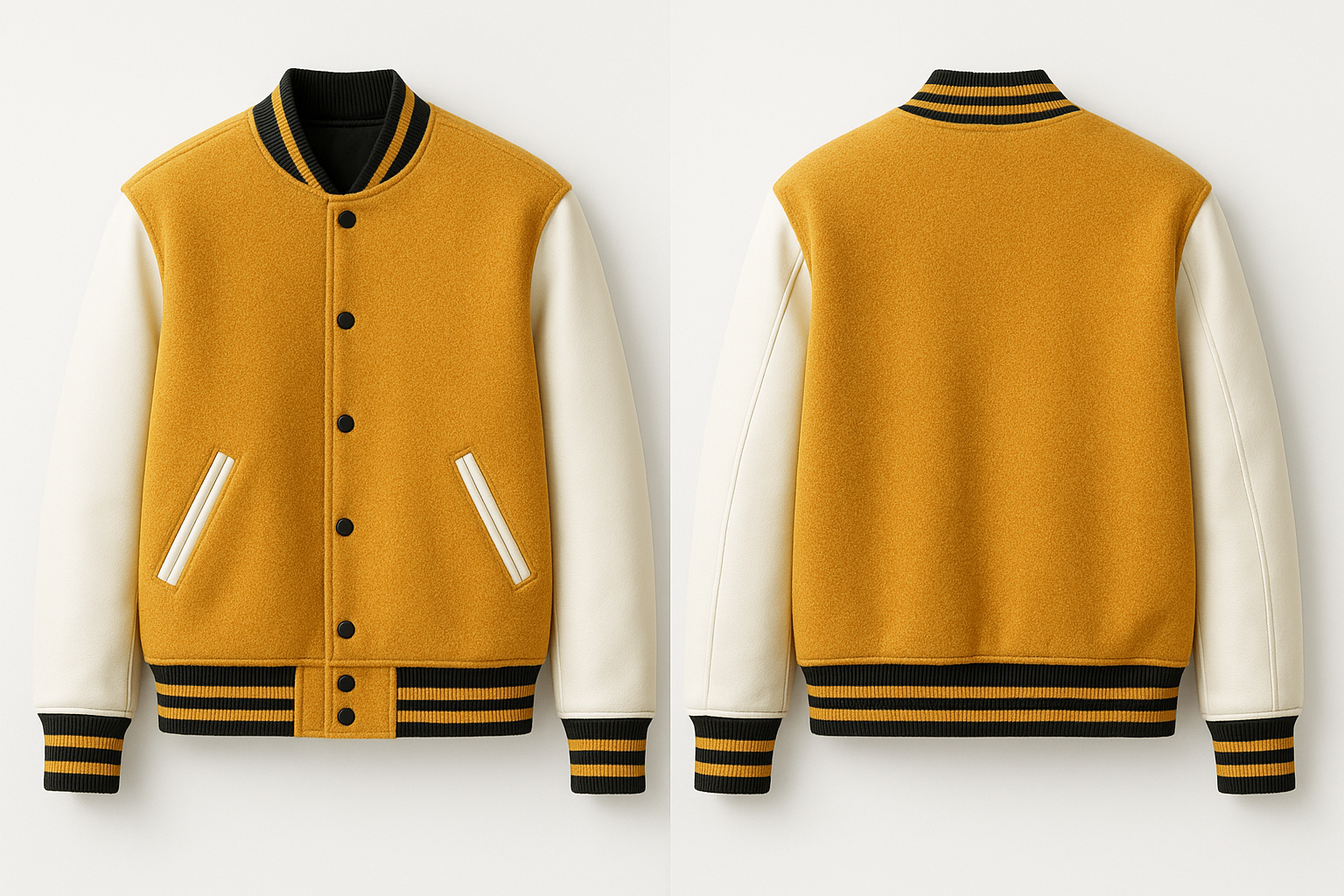 Golden varsity jacket with white sleeves and black accents on a white background