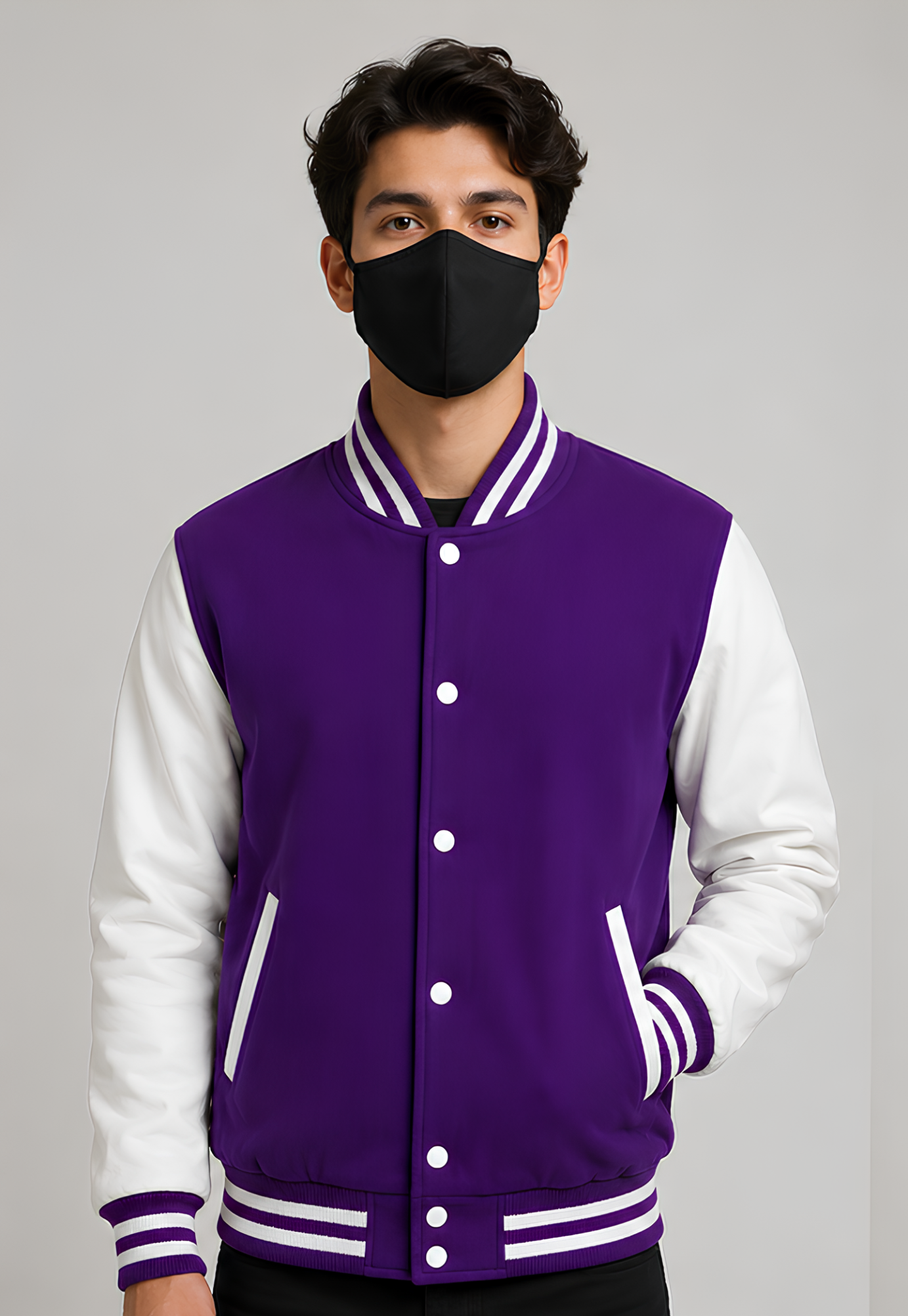 Person wearing a purple varsity jacket with white sleeves and a black face mask on a gray background