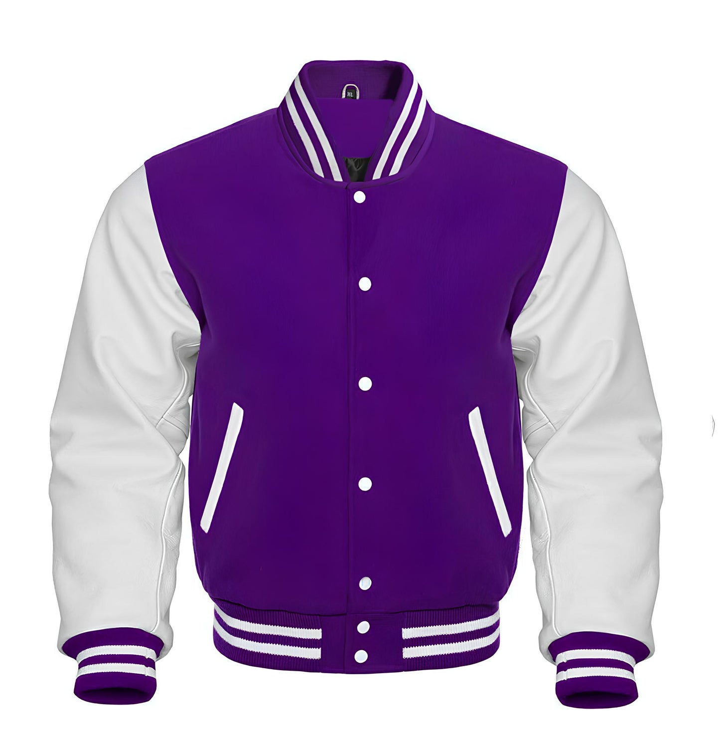 Purple and white varsity jacket on a white background