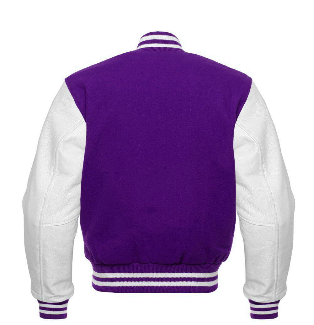 Purple and white varsity jacket on a white background