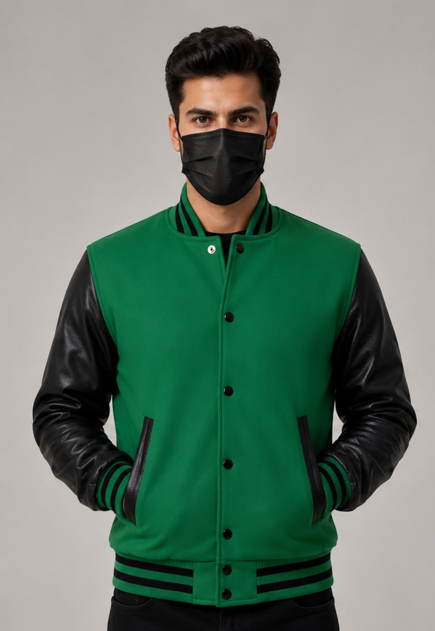 Man wearing a green varsity jacket with black leather sleeves on a gray background